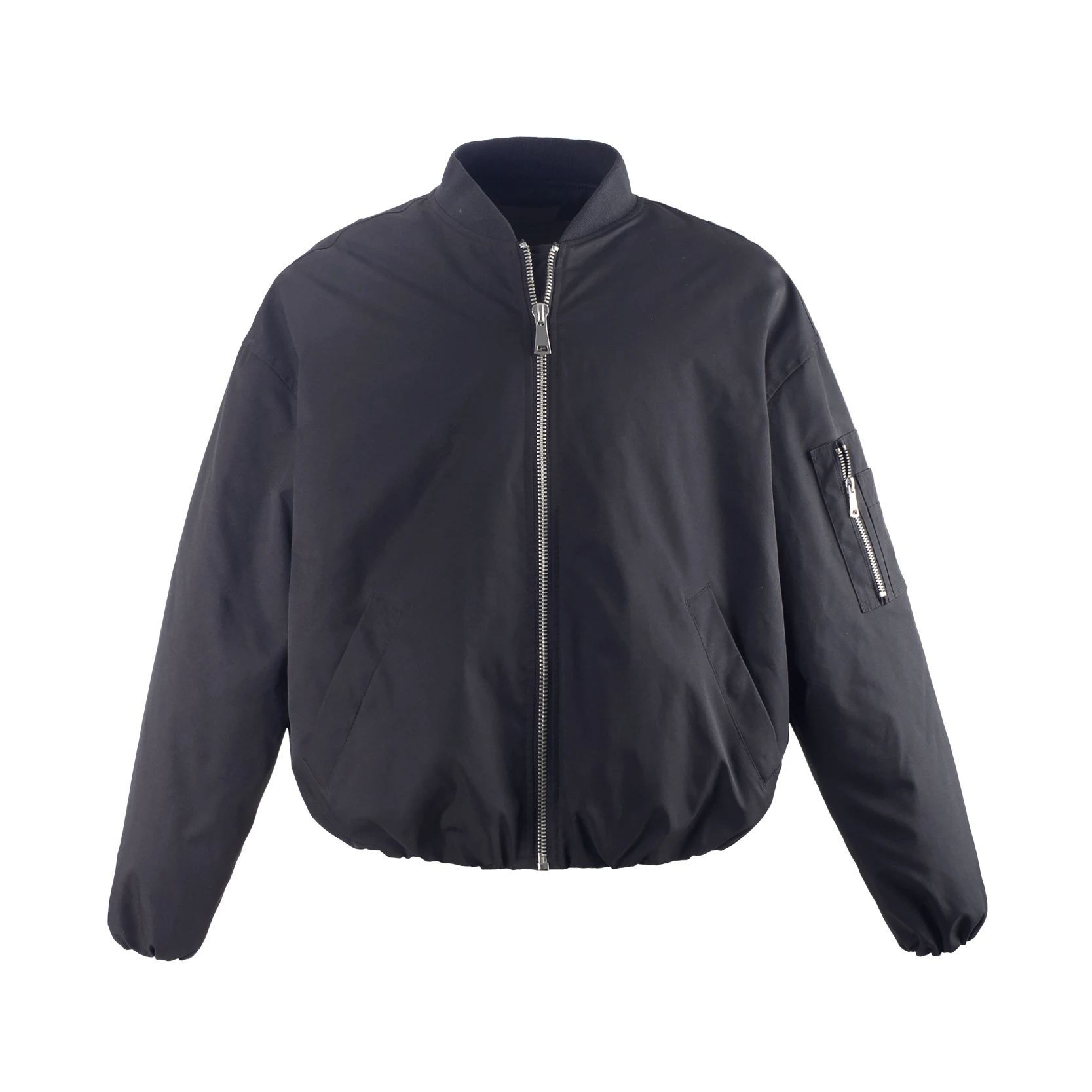 Women's Black Bomber Jacket - Loose Fit, Silver Zipper Detail, Stylish Short Jacket for Winter, Ideal for Fashion-forward Looks