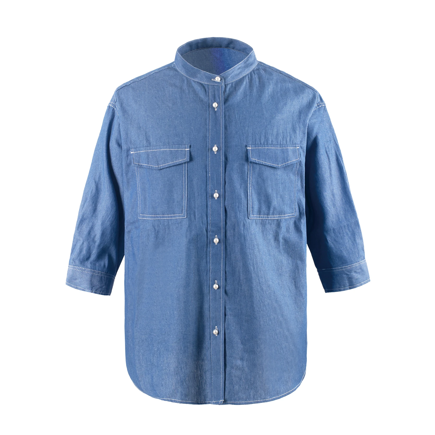 Women's Blue Denim Three-Quarter Sleeve Shirt - Mandarin Collar, Half - Sleeve Design, Two Chest Pockets, Loose Fit, Classic Blue Jean Button - Up Top for Casual & Trendy Looks