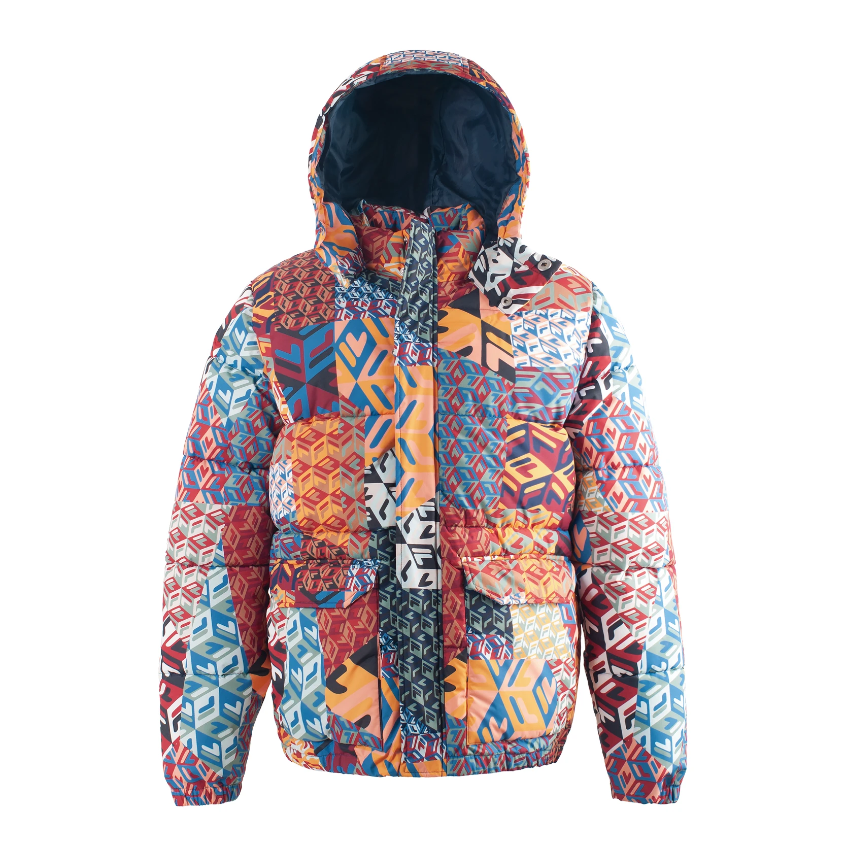 Men's Color - Block Geometric Pattern Padded Puffer Jacket with Hood, Windproof Warm Winter Coat for Outdoor Skiing & Casual Wear